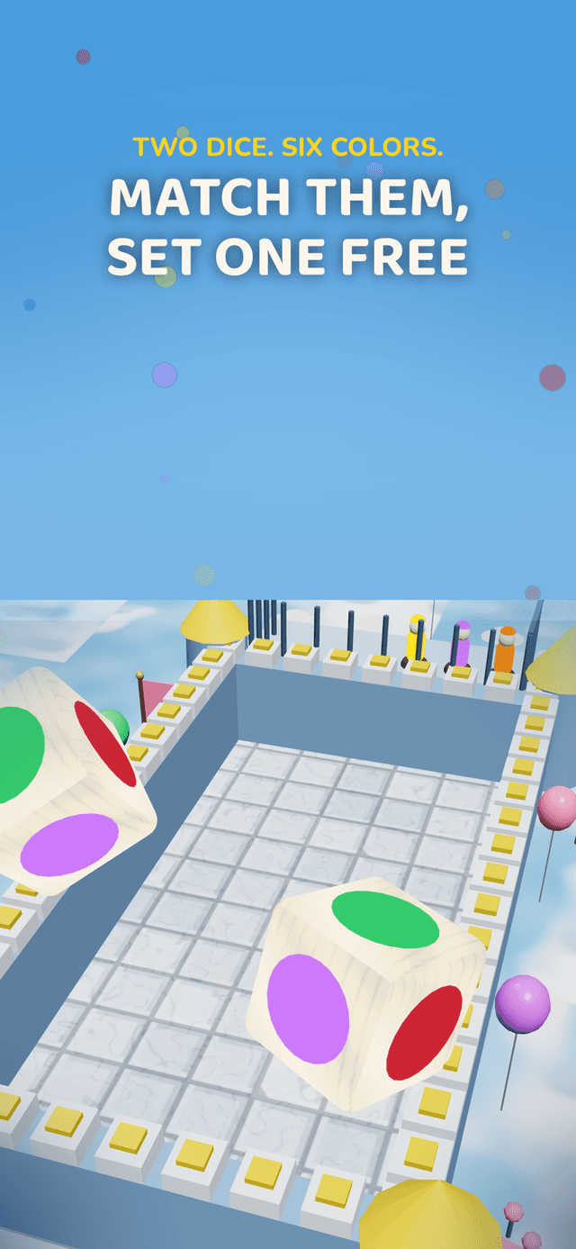 Dice Battles: two color dice landing on a sky-castle board — match them and a prisoner goes free