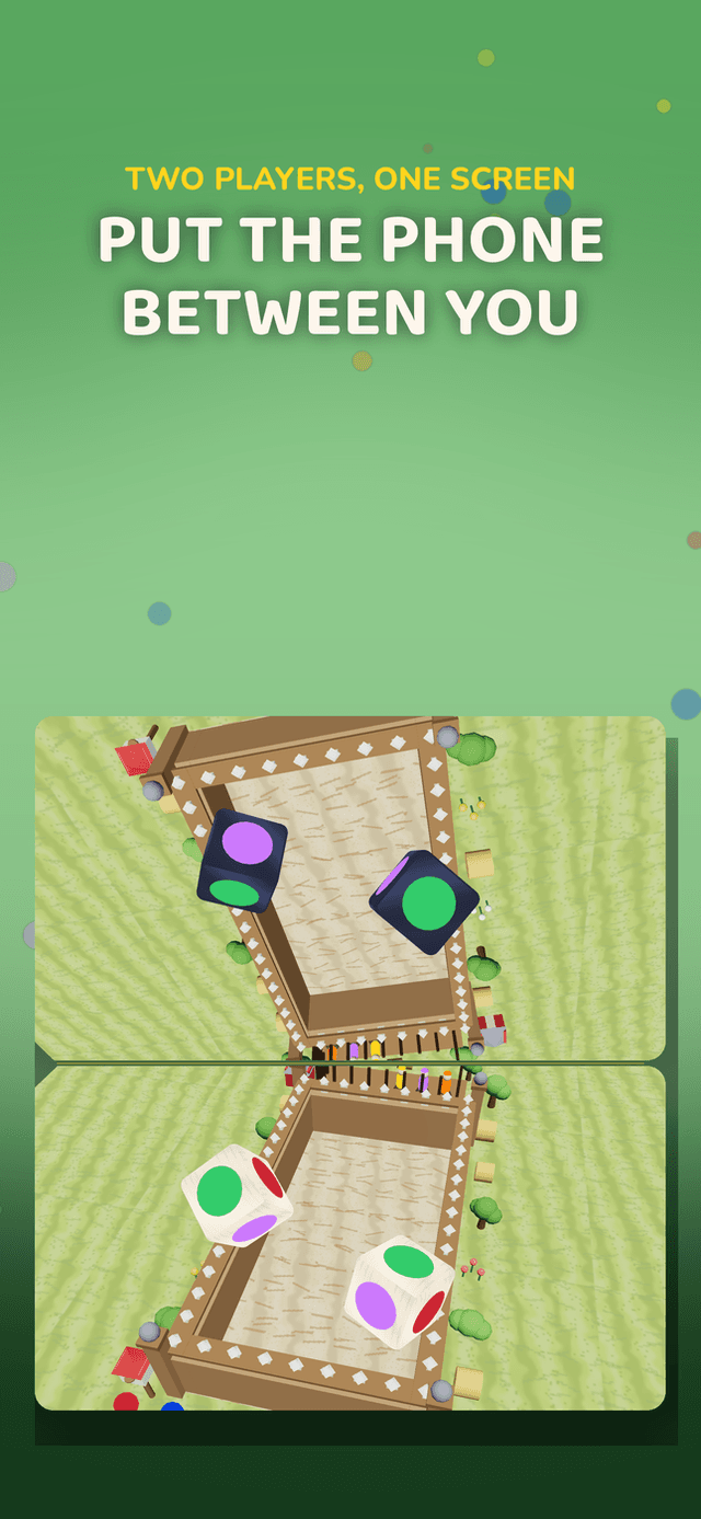 Dice Battles two-player split screen: one phone flat on the table, a board facing each player